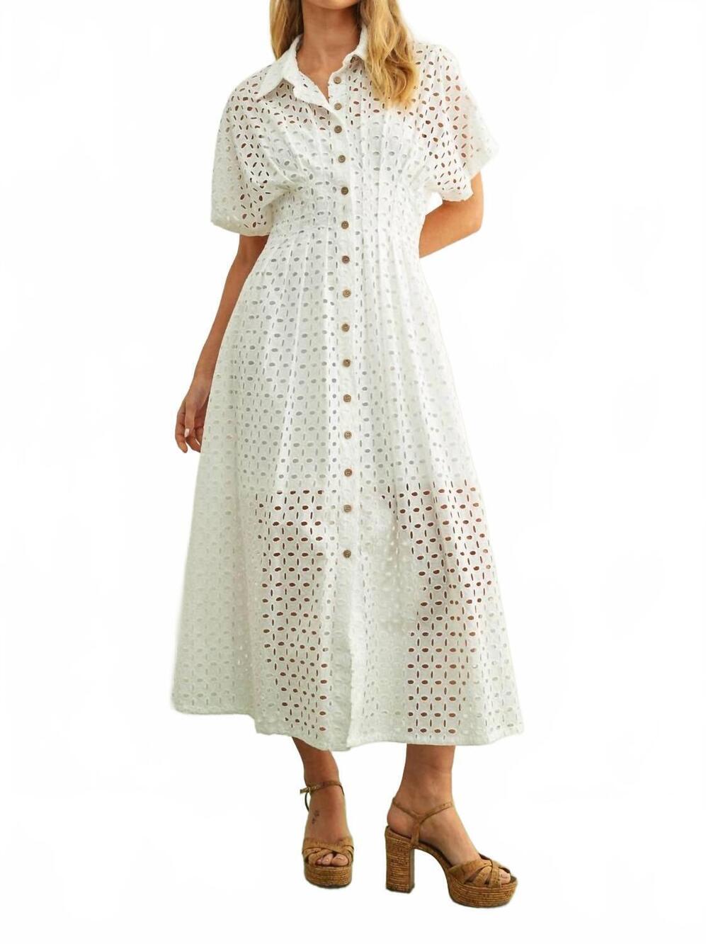 NEW MIOU MUSE women's eyelet pleated corset shirt dress in white